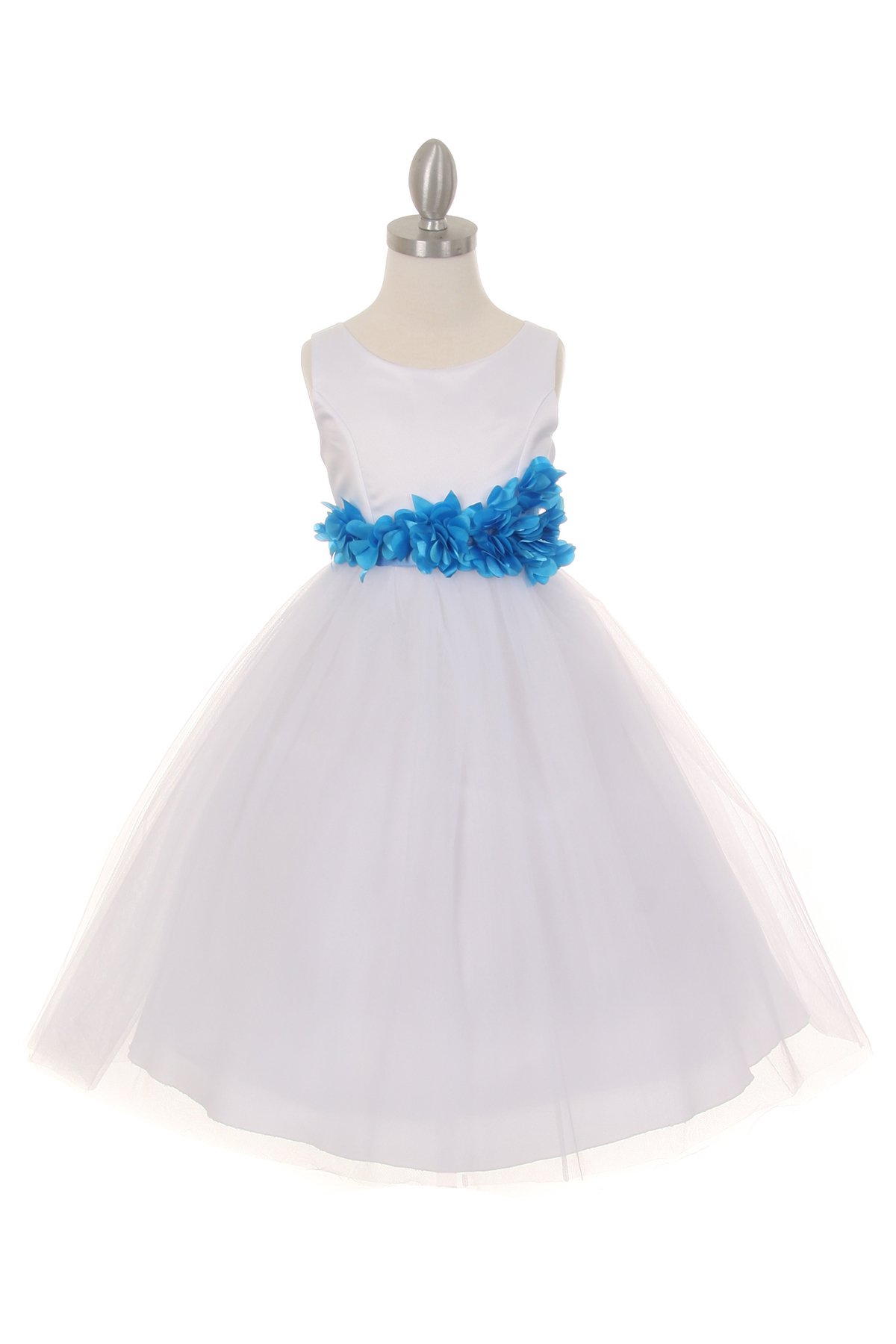 white flower girl dress with turquoise flower sash